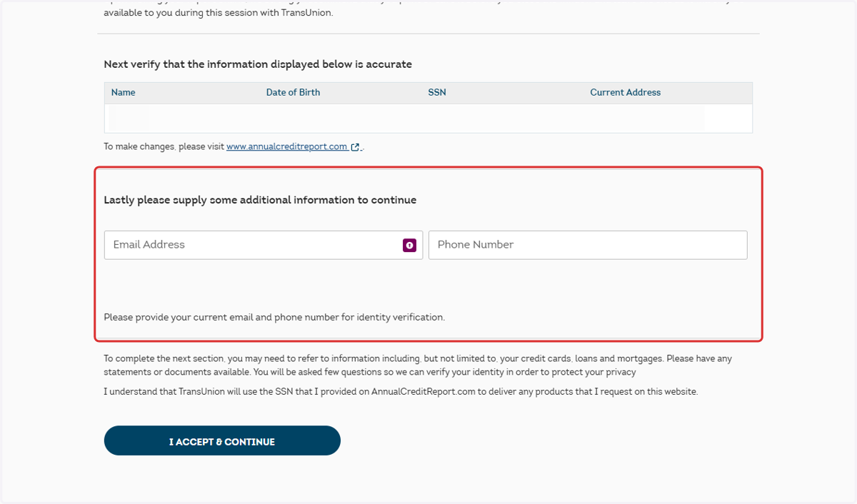 Enter your email and phone number, then press I Accept & Continue