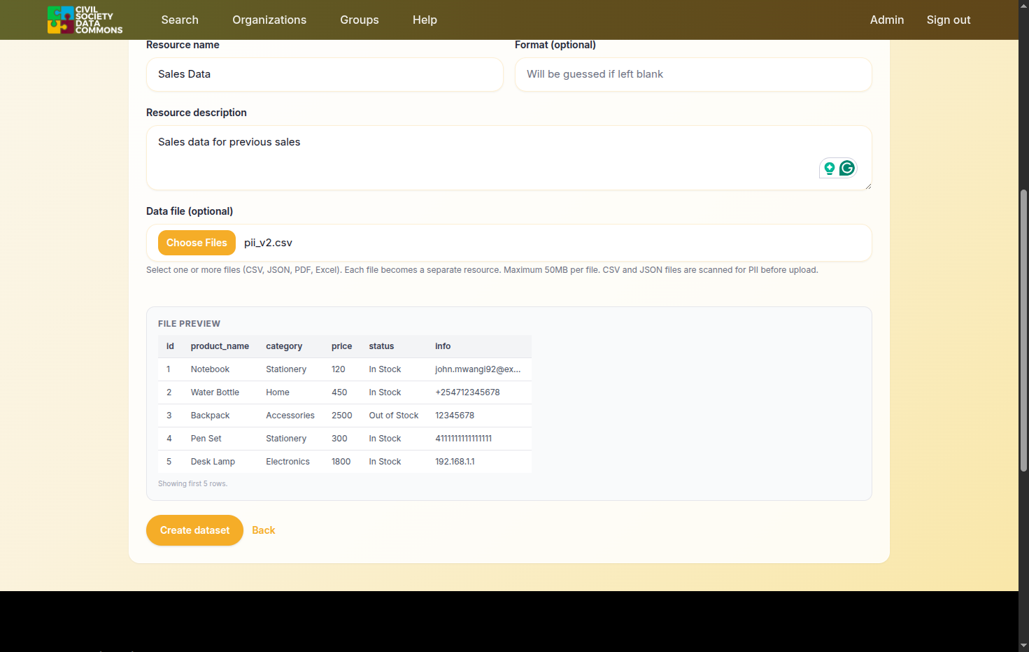 On the file preview, we can see PII on this resource, specifically, email addresses, phone numbers, and ID numbers