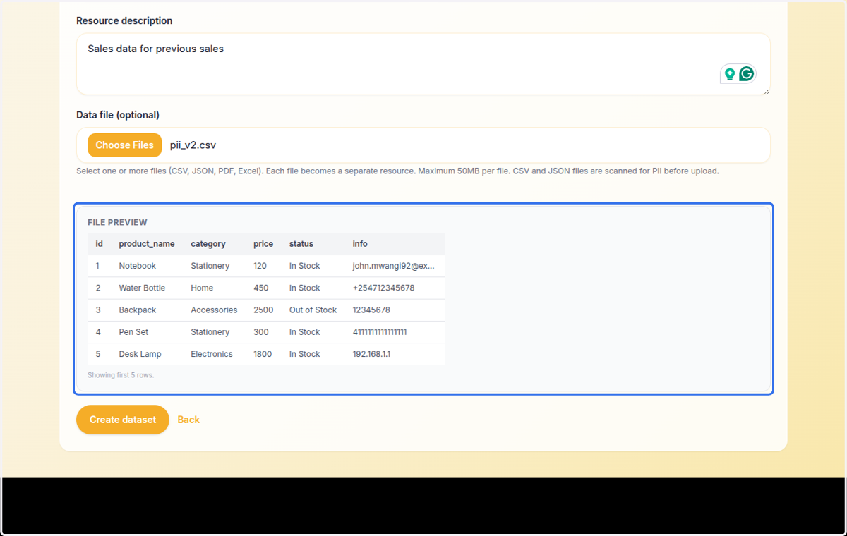 On the file preview, we can see PII on this resource, specifically, email addresses, phone numbers, and ID numbers