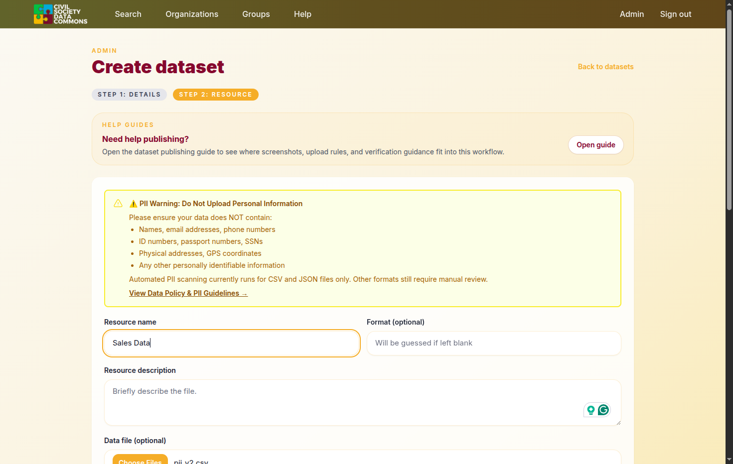 After creating the dataset, move to step 2 of creating the resource. Type in the name of the resource