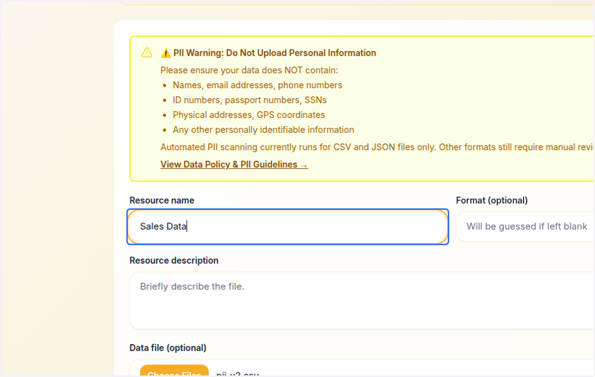 After creating the dataset, move to step 2 of creating the resource. Type in the name of the resource