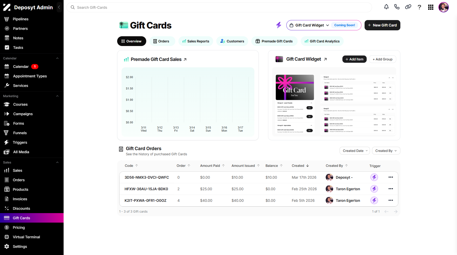 Step 2: You will then be navigated to the Gift Cards tab.