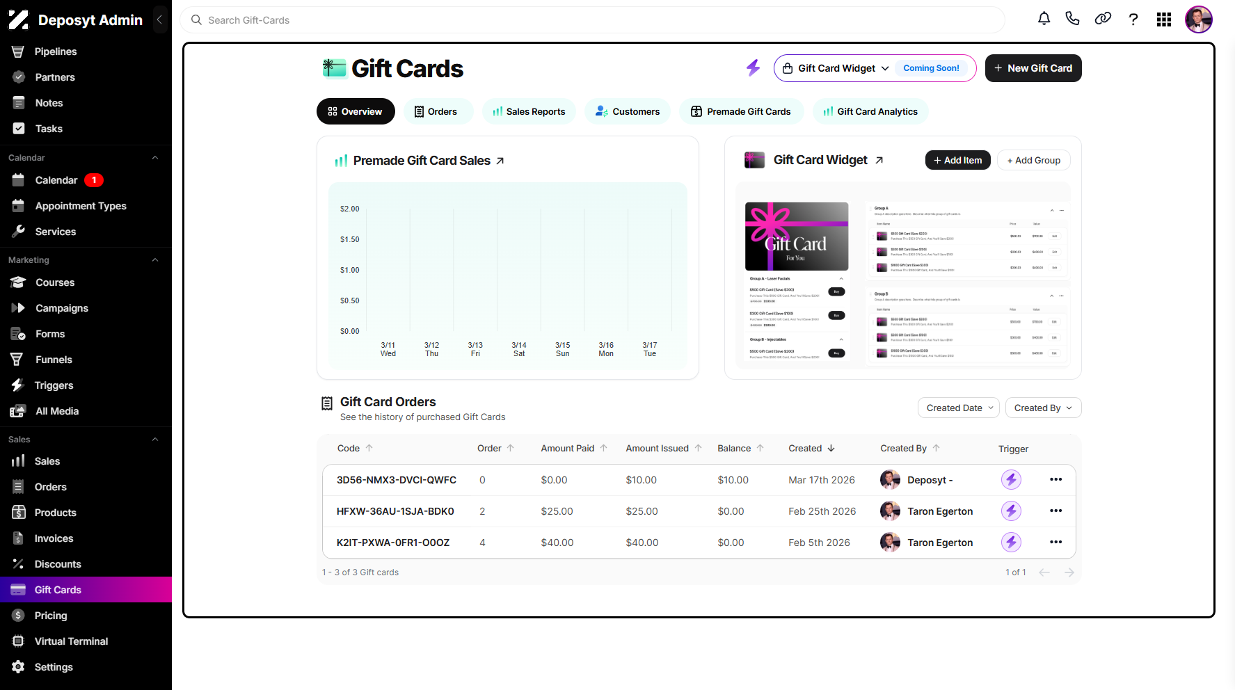 Step 2: You will then be navigated to the Gift Cards tab.