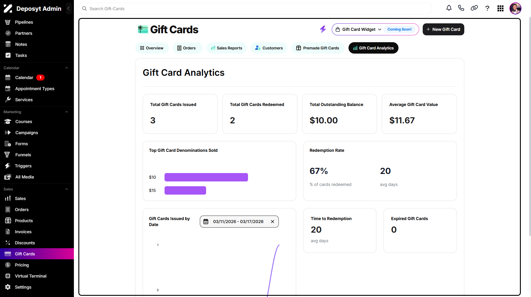 Step 4: You will then be navigated to the Gift Card Analytics page, where you can view the analytics and set a date range for Gift Cards Issued to filter the data.