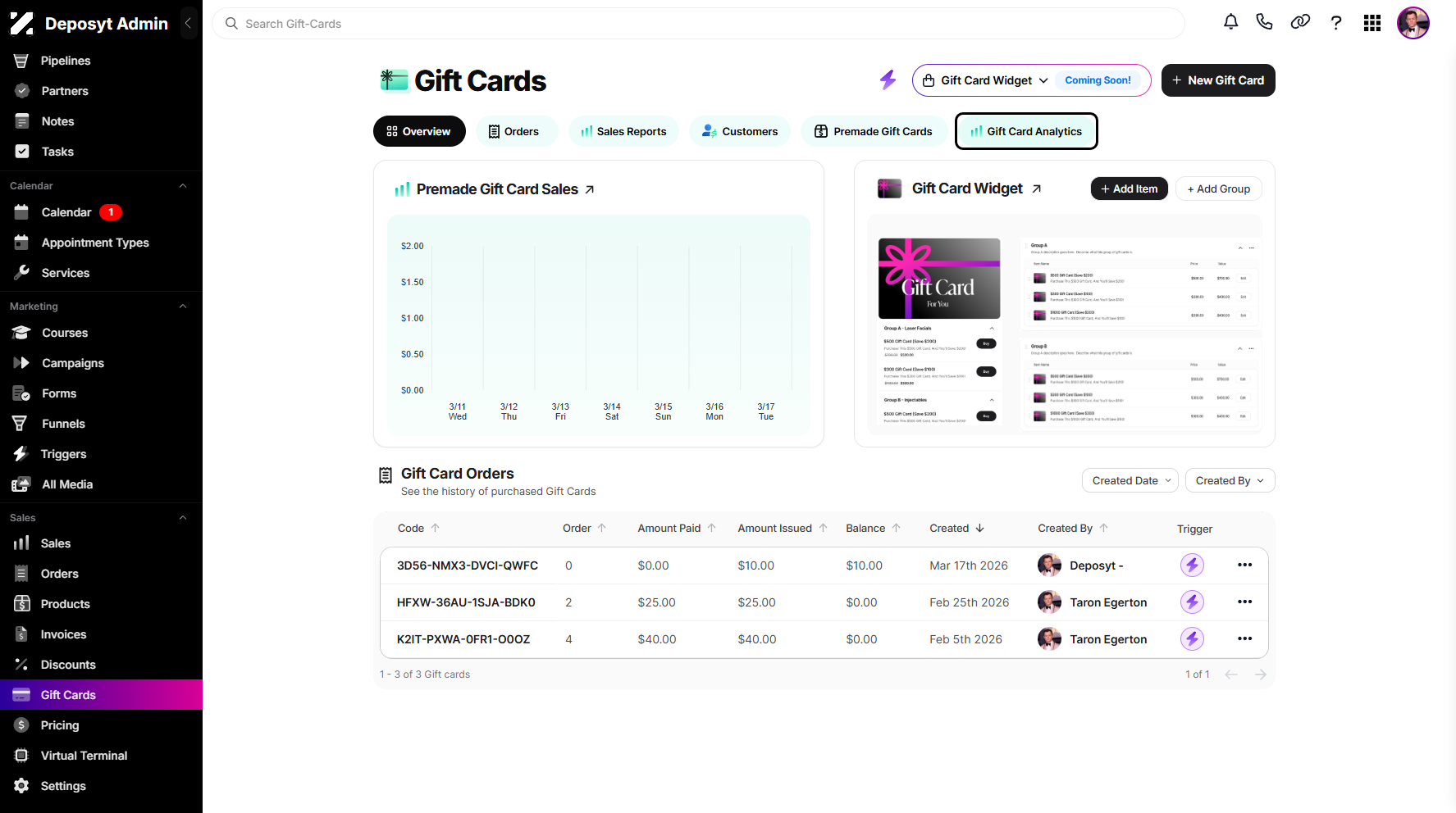 Step 3: Hover your mouse over and click the Gift Card Analytics button to proceed.