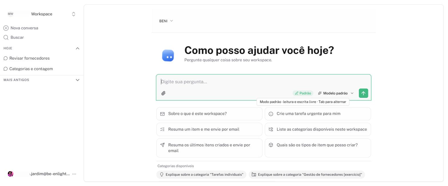 O controle ao lado define o modo da mensagem. Em Padrão o Beni consulta e altera dados direto; em Planejamento ele apresenta antes o que pretende fazer. A tecla Tab alterna entre os dois.