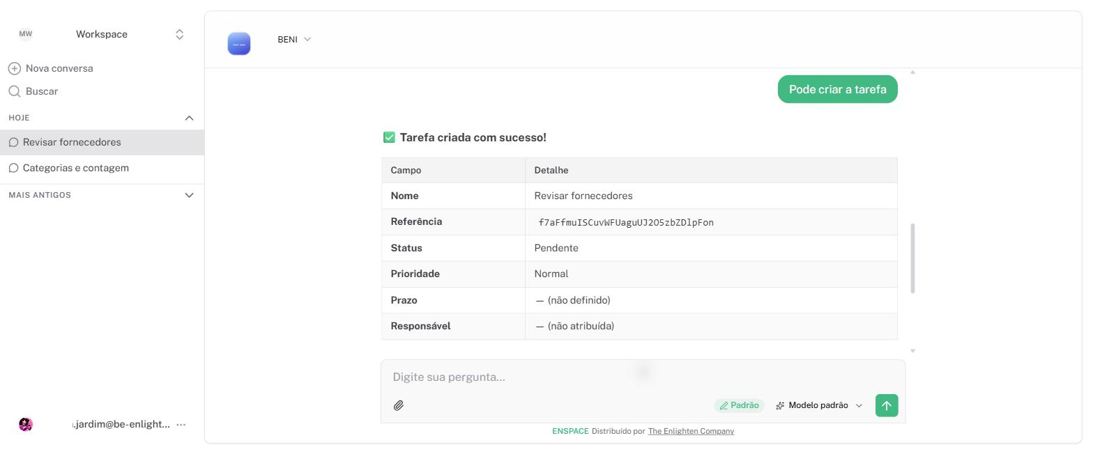 A tarefa é criada e o Beni devolve os dados dela, com o link para abri-la.