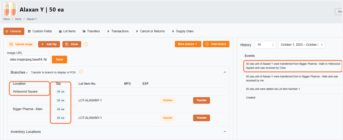 On the item details page, you can see the transaction history.