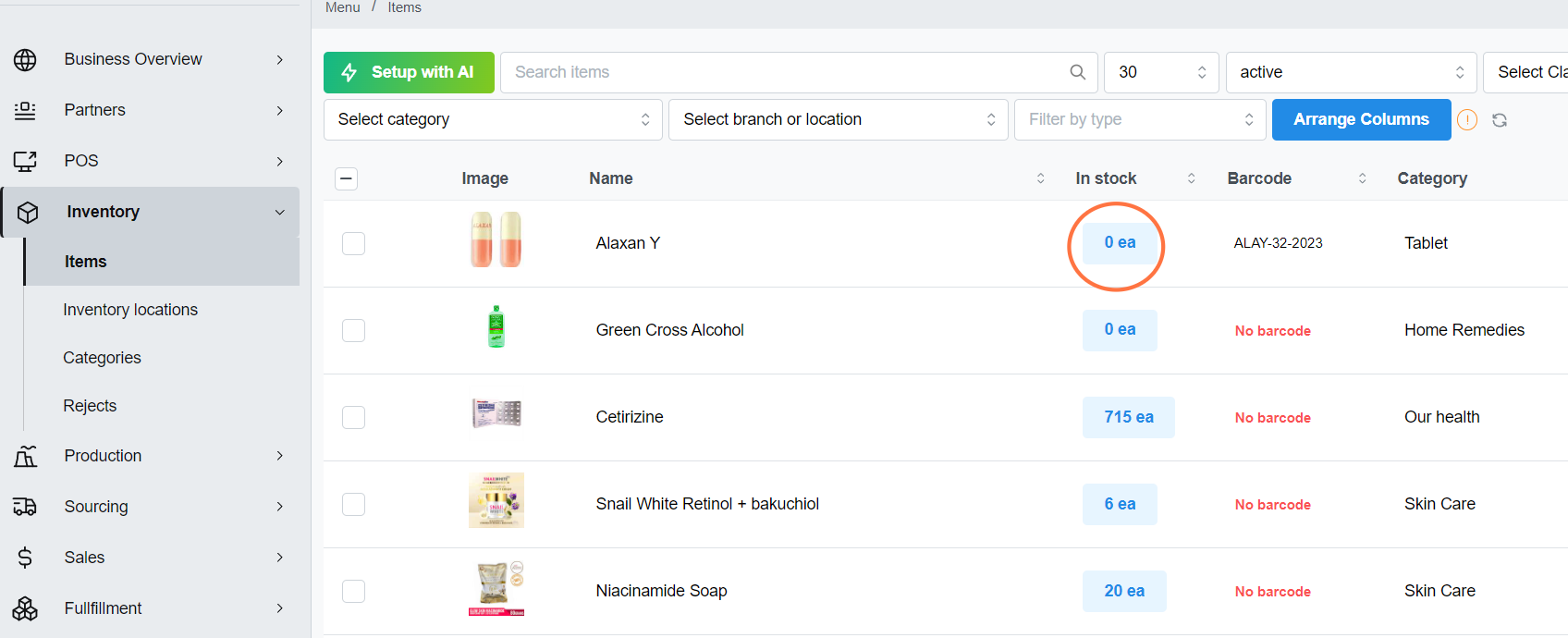 Open the inventory list and choose the items you want to be relocated from the branch or location.