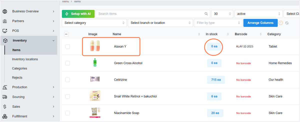 Open the inventory list and choose the items you want to be relocated from the branch or location.