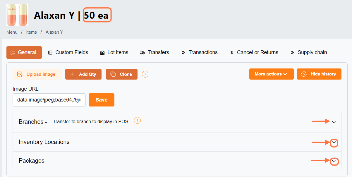 To display the item's quantity, click the down arrow.