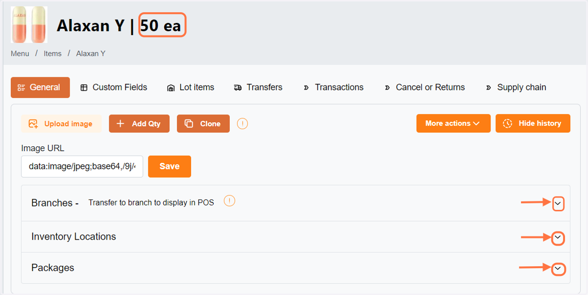 To display the item's quantity, click the down arrow.
