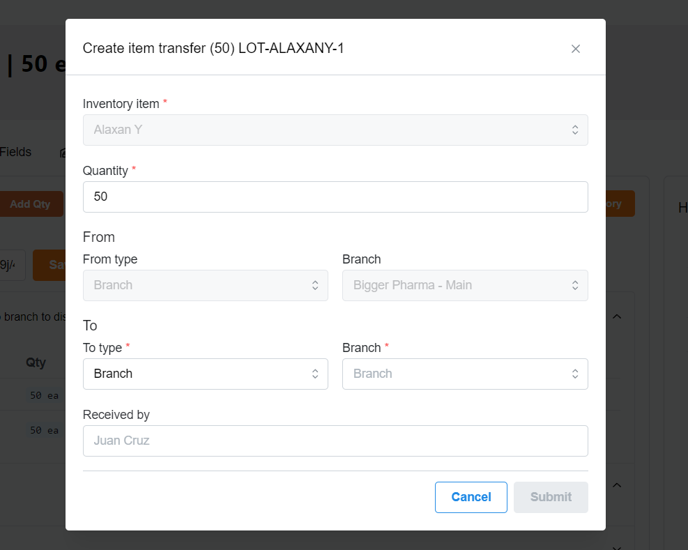 Details of item transfer.