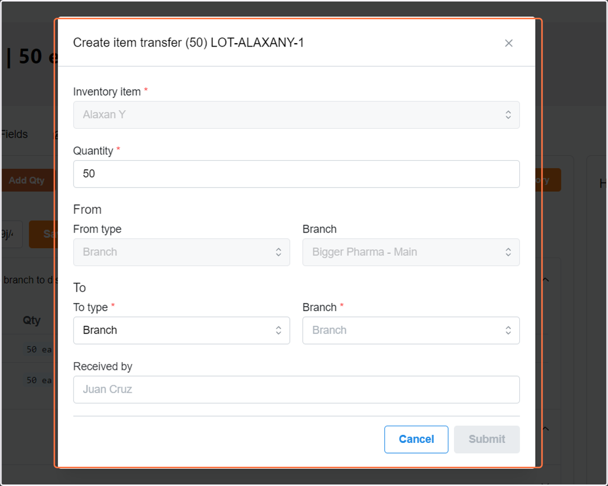 Details of item transfer.