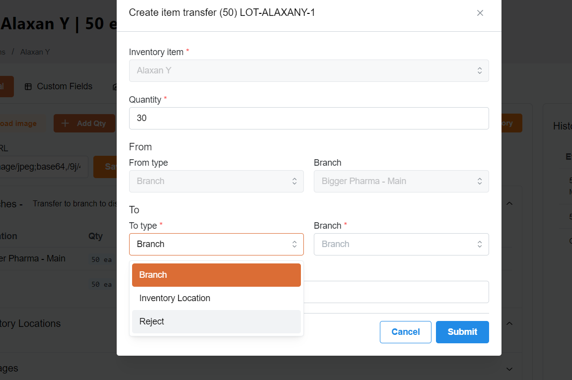 After adding the quantity, click the down arrow inside "To type" to show which location or branch you want to transfer to.