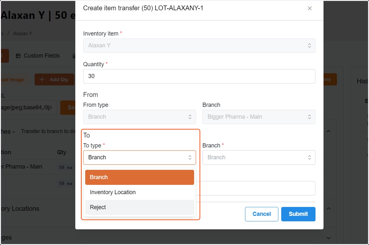 After adding the quantity, click the down arrow inside "To type" to show which location or branch you want to transfer to.