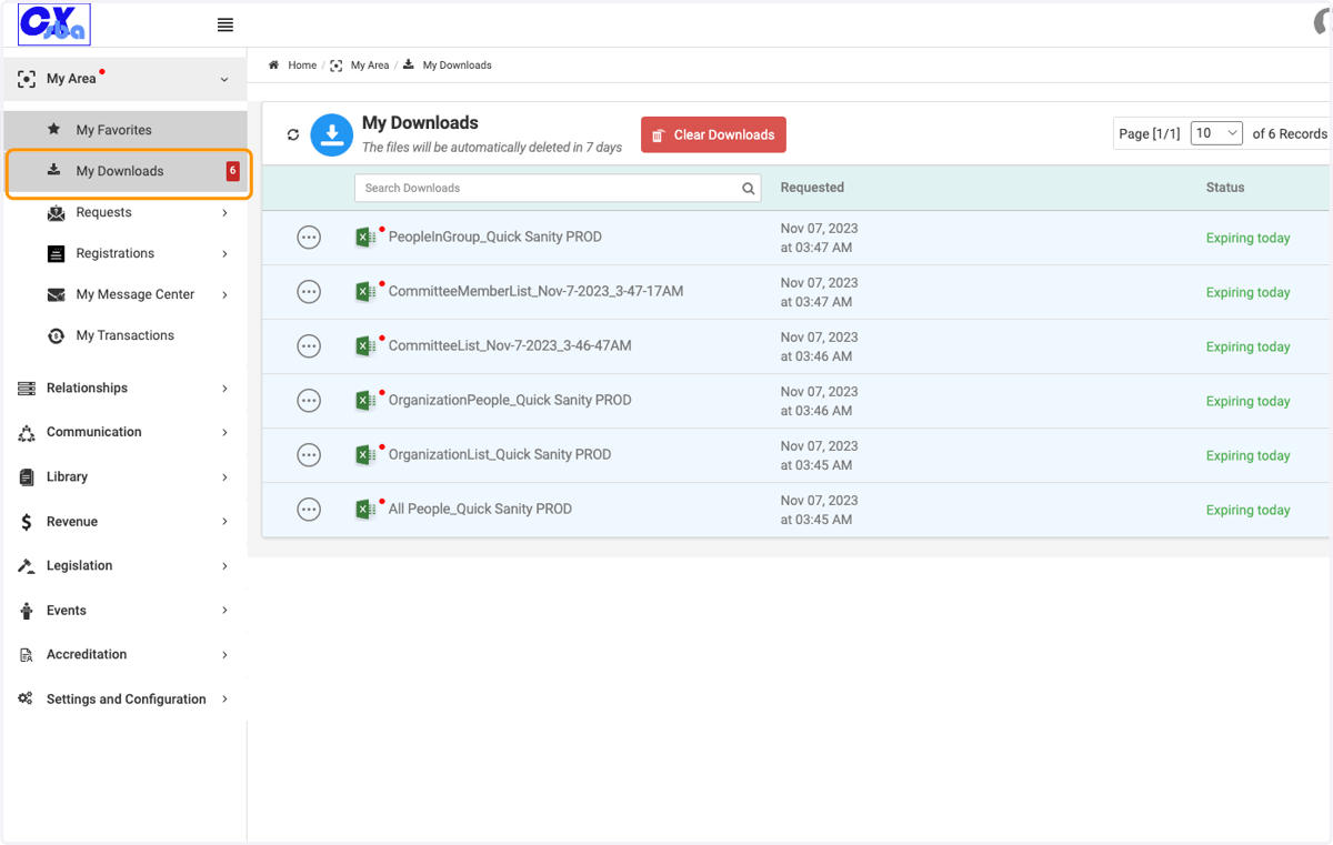 Click on My Downloads to view all exports you have requested.