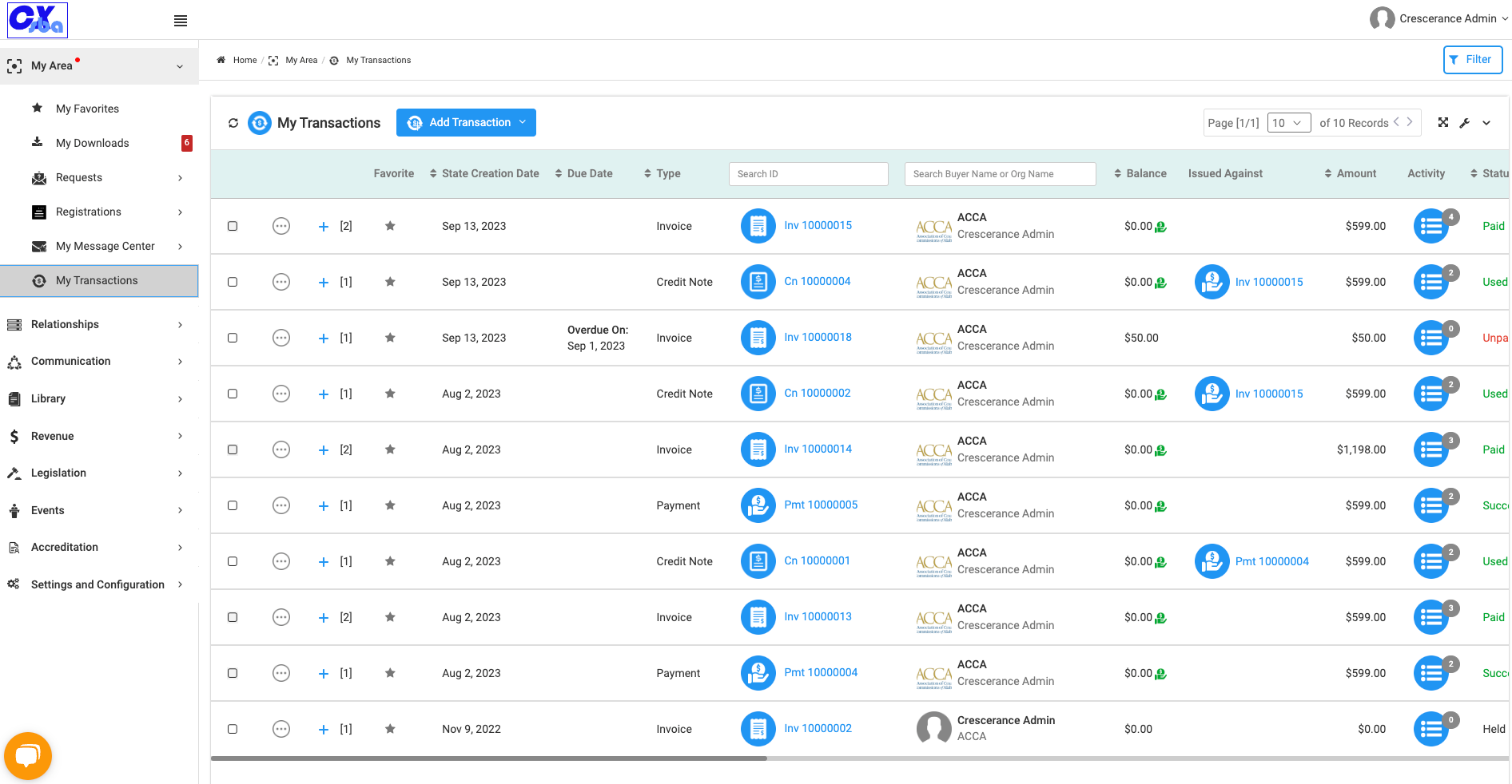 Click on My Transactions to view all your associated transactions