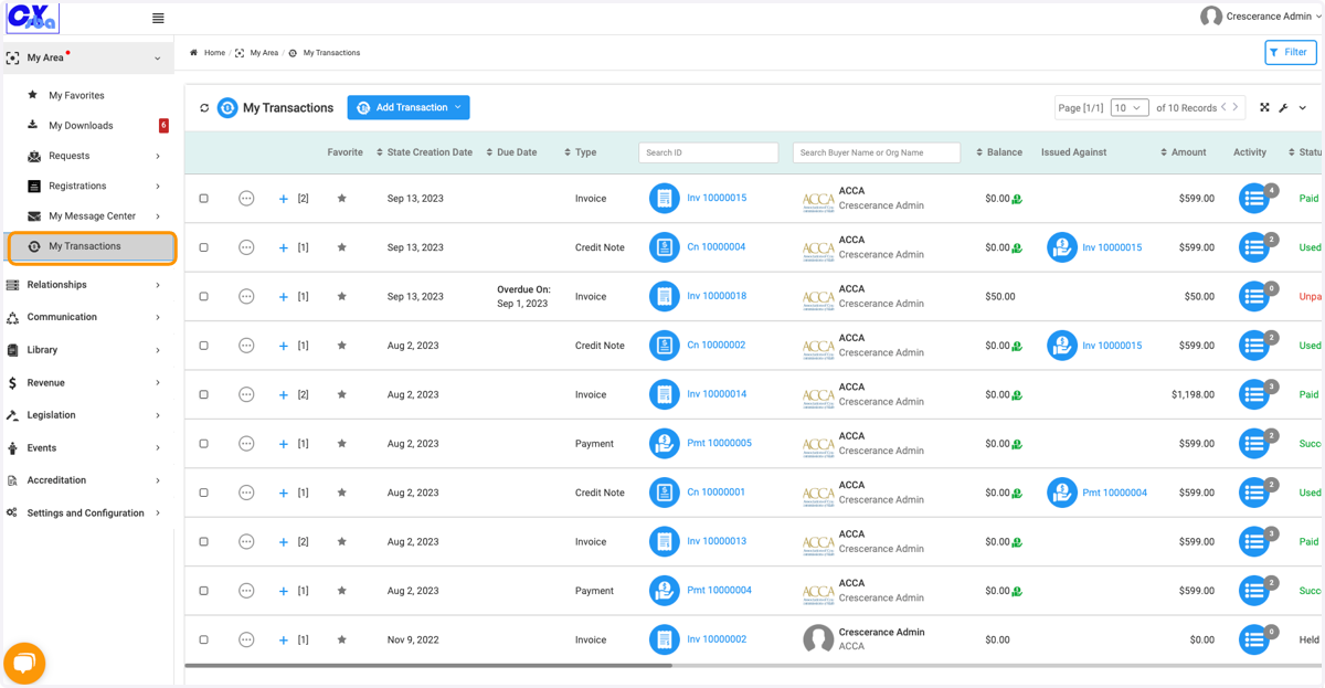 Click on My Transactions to view all your associated transactions