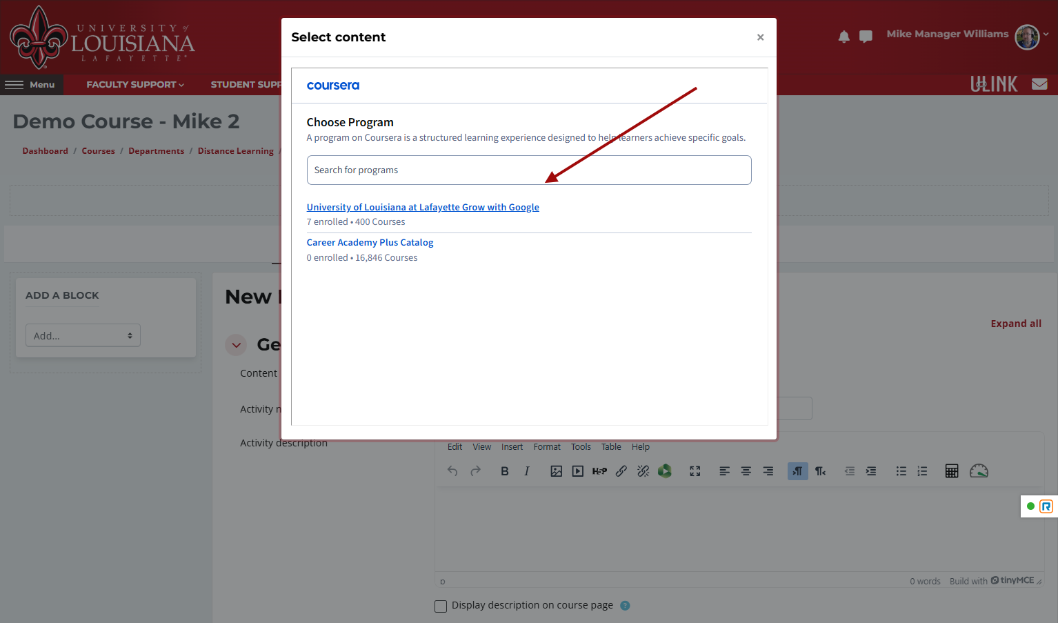 Click on University of Louisiana at Lafayette Grow with Google