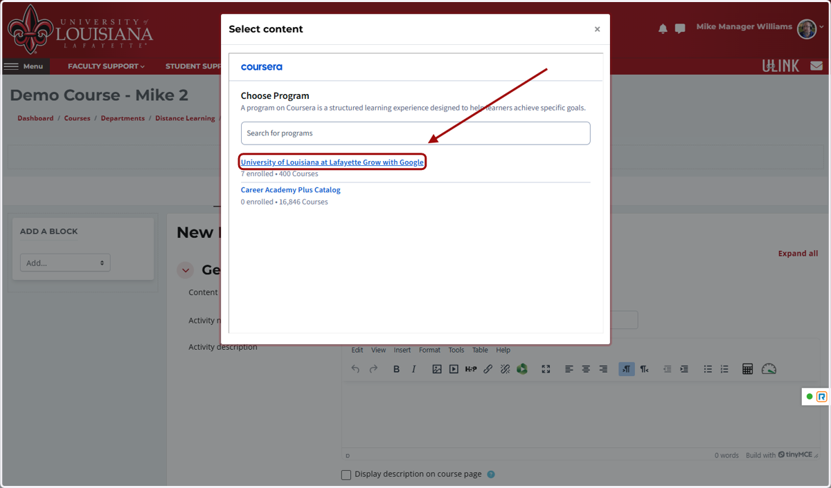 Click on University of Louisiana at Lafayette Grow with Google