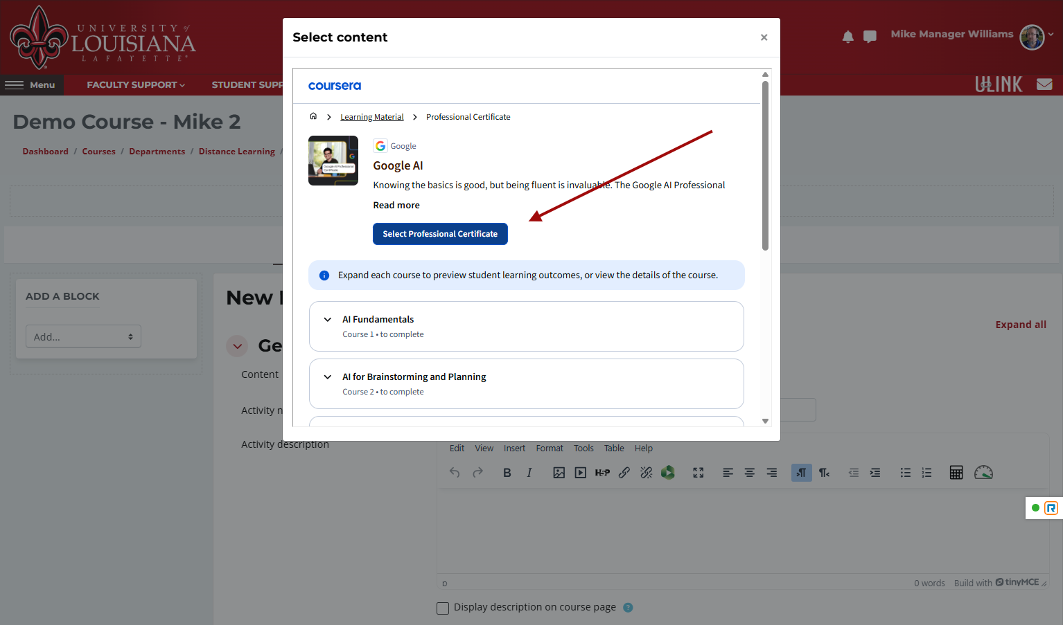 Click on Select Professional Certificate to add this content to your Moodle class