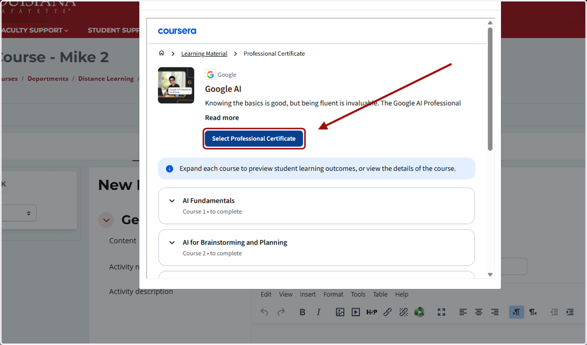 Click on Select Professional Certificate to add this content to your Moodle class