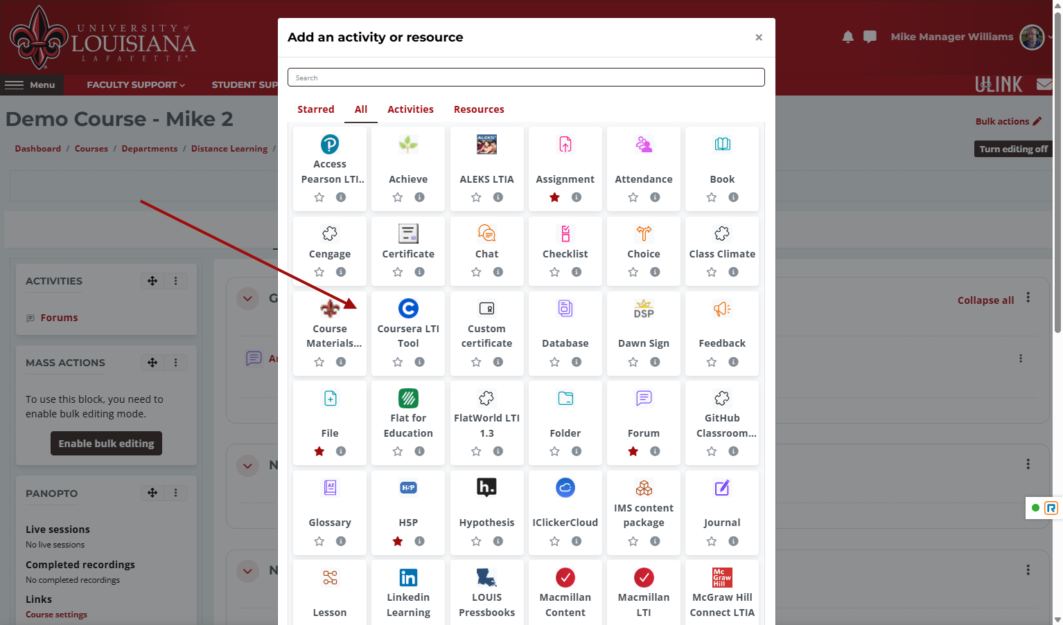 Click on Coursera LTI Tool