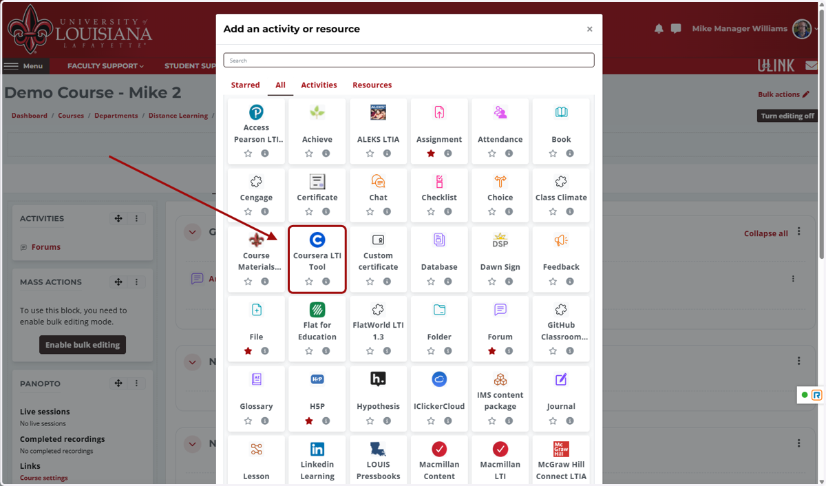Click on Coursera LTI Tool