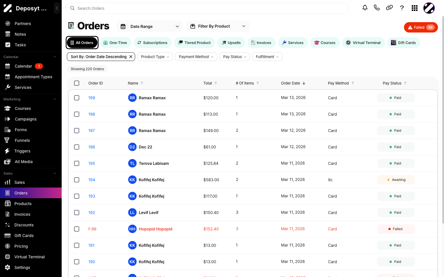 Step 2: You will then be navigated to the Orders tab. By default, the All Orders tab is displayed. Click the All Orders button to view all orders. Here, you can see Order ID, Customer Name, Total Amount, Number of Items, Order Date, Payment Method, and Pay Status.