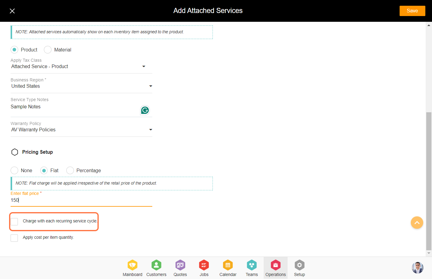 Click on Charge with each recurring service cycle.