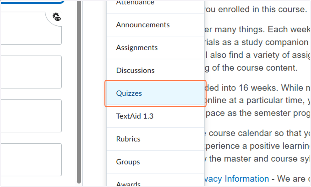 Click on Quizzes
