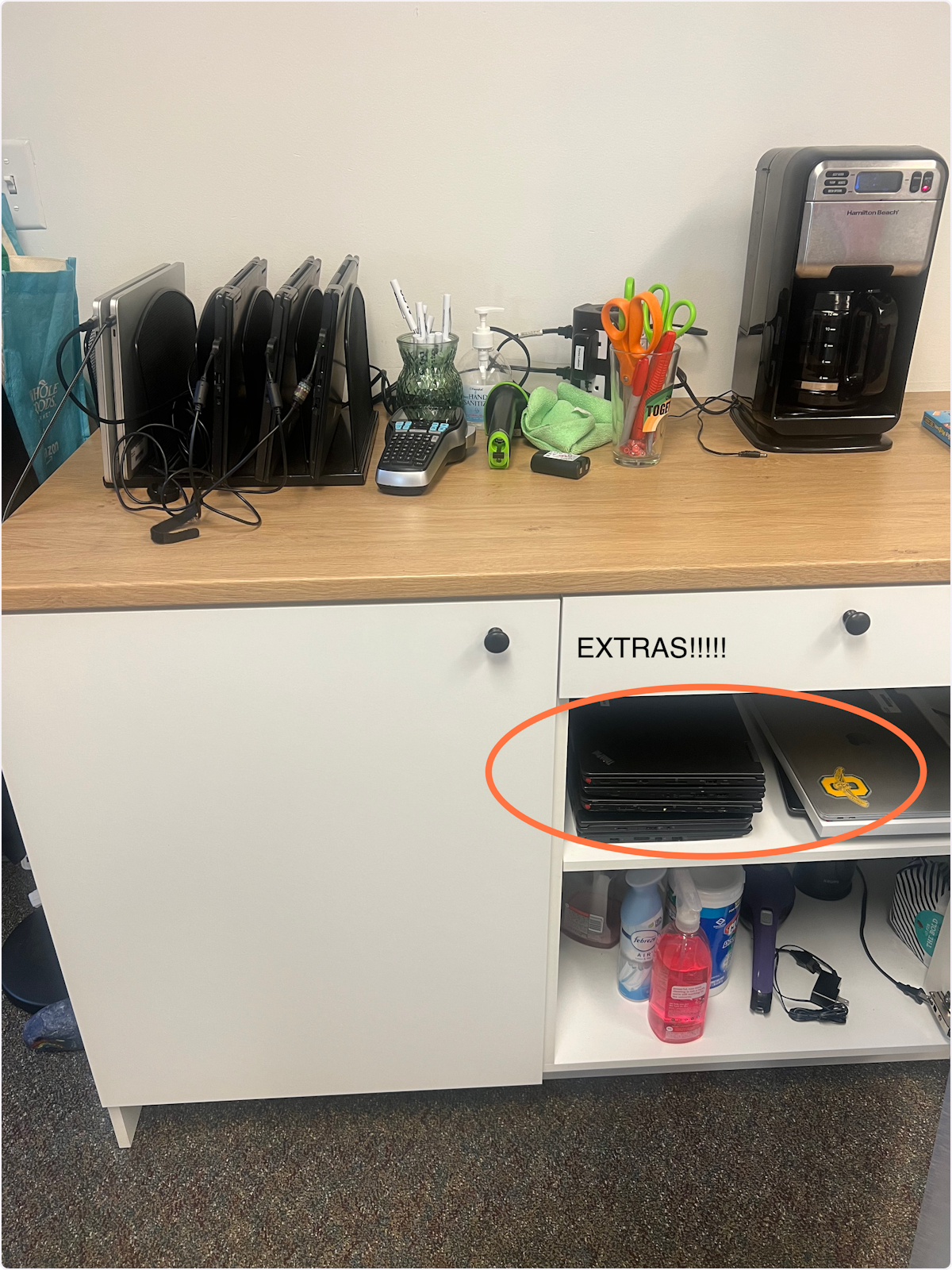 If a student asks for a loaner computer, the workbench is where you can find the computers that serve that purpose. 
They will be charging on the divider
Black Lenovo's are people who use Windows
Gray Airbook's are for people who use Apple MacOS