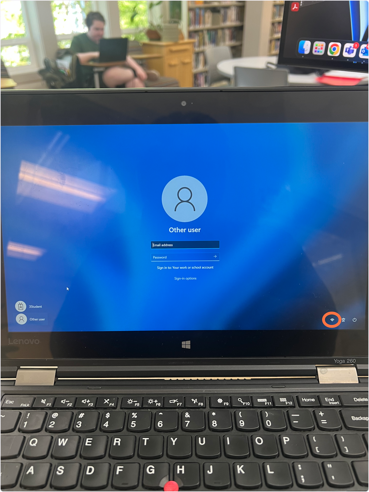To log students in on windows devices, they will use their own credentials:
Overlake Email
Password
If you receive an error other than incorrect password, you are likely not connected to the wifi 'Overlake', you can fix that by selecting the wifi icon indicated by the circle.