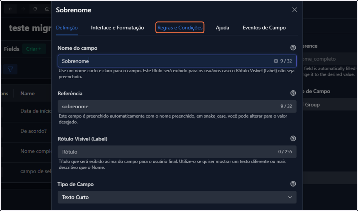 No modal do subcampo, vá até a aba Regras e Condições
