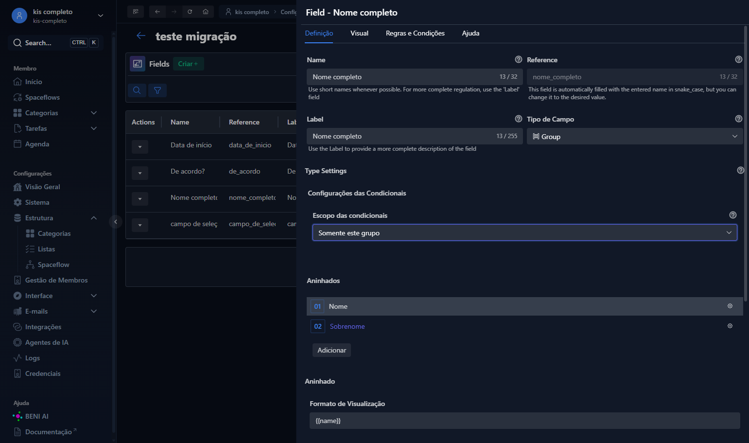 Acesse um subcampo configurado