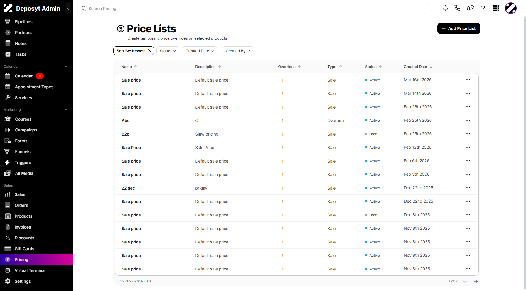 Step 2: Click on the Pricing tab under the Sales section to navigate.