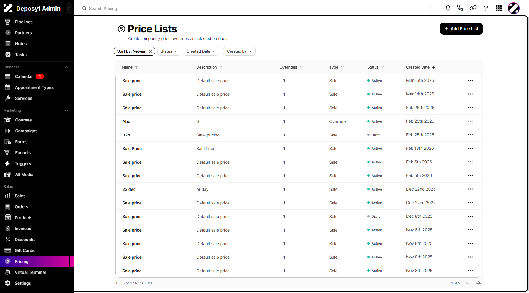 Step 3: You will then be navigated to the Price Lists. Price Lists refer to organized sets of product or service prices that a business uses to manage, display, and sell its offerings to customers.