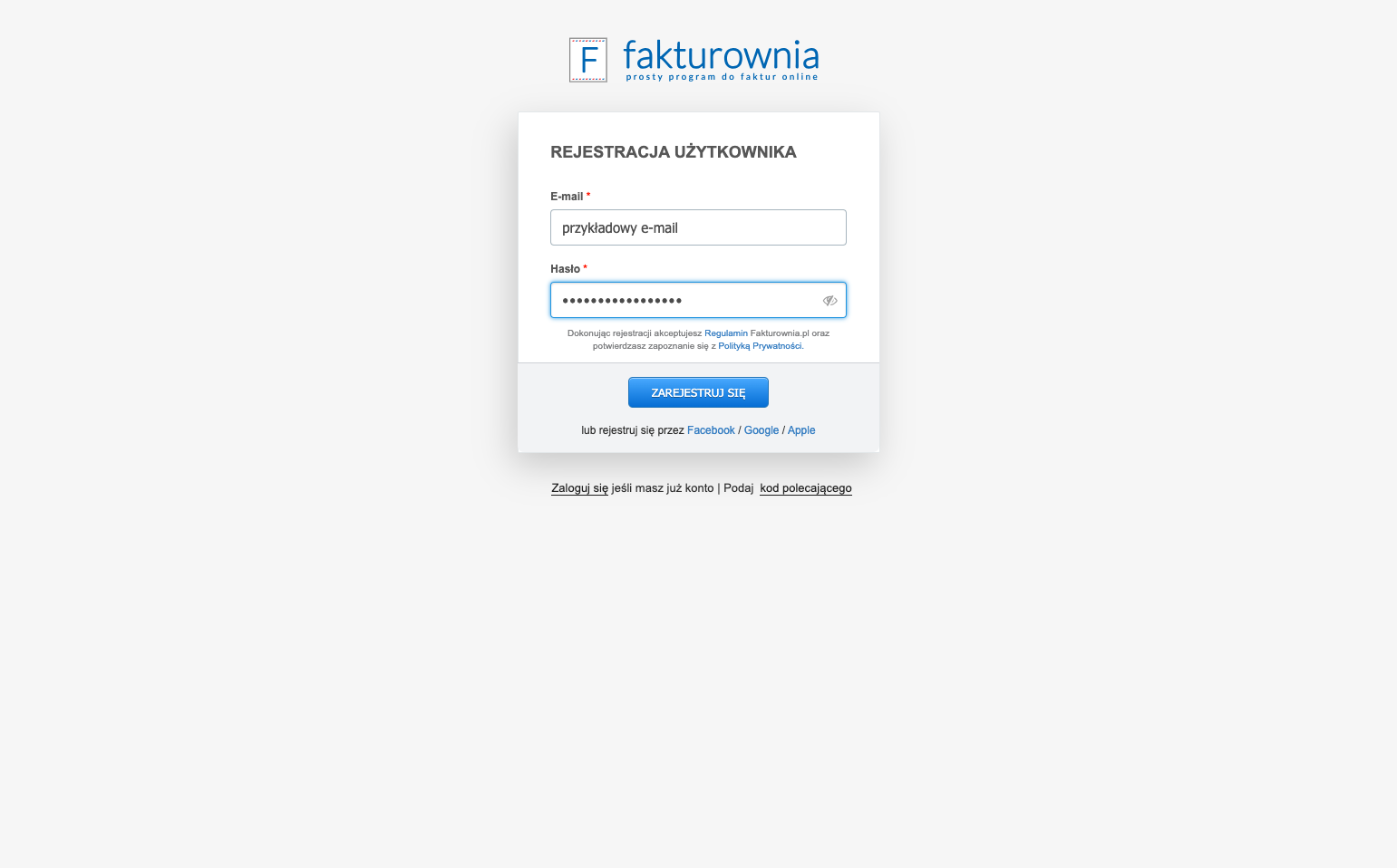 wpisz e-mail, hasło i wybierz Zarejestruj się lub Zaloguj się, jeśli posiadasz już konto w serwisie Fakturownia.