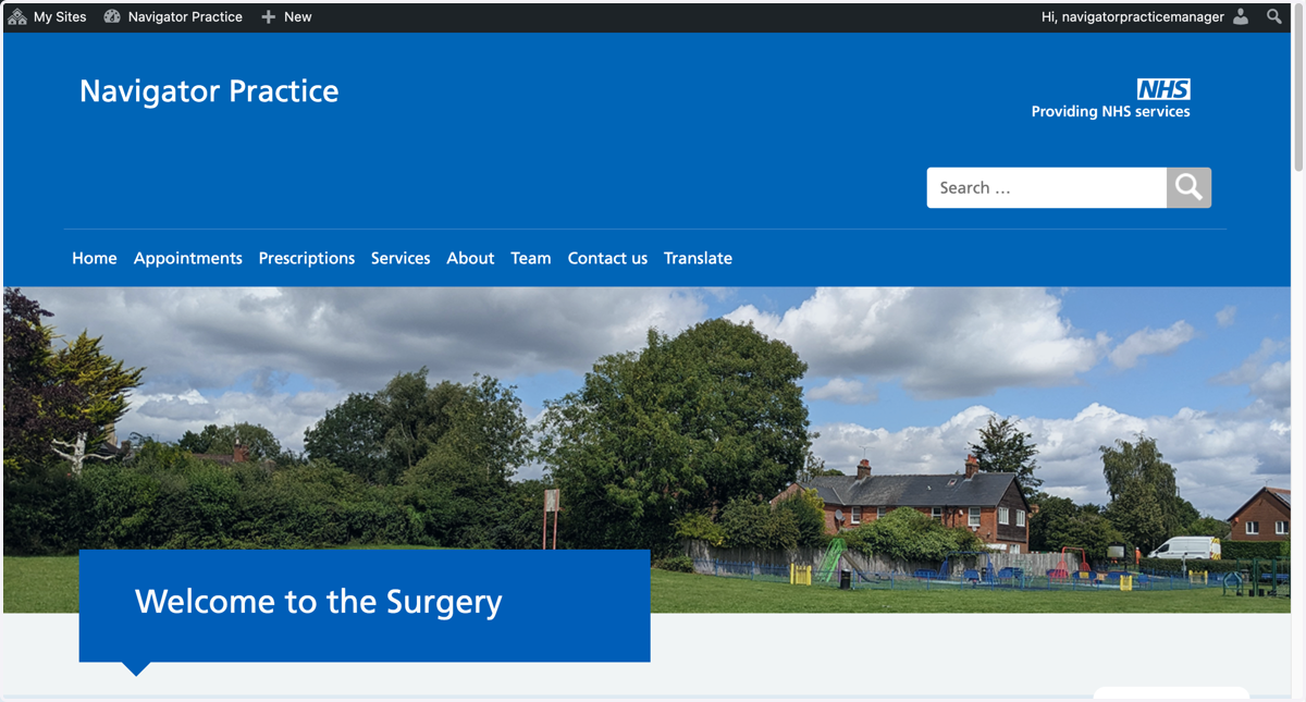 The Home page of a Navigator site, with the black admin toolbar visible at the top of the screen