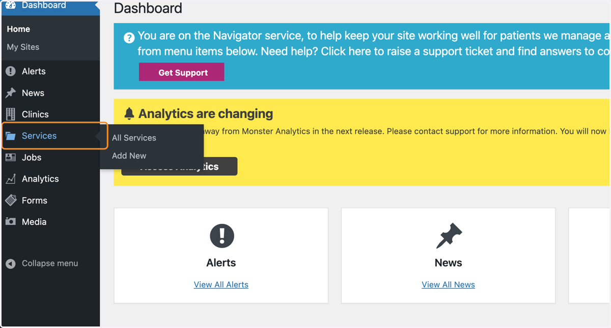 The dashboard, with Services selected in the left-hand sidebar.