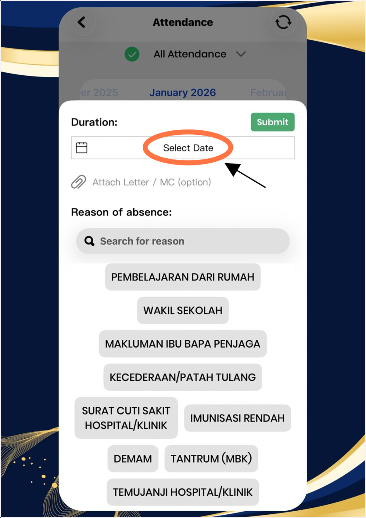 3. Klik 'Select Date' untuk pilih tarikh ketidakhadiran pelajar.