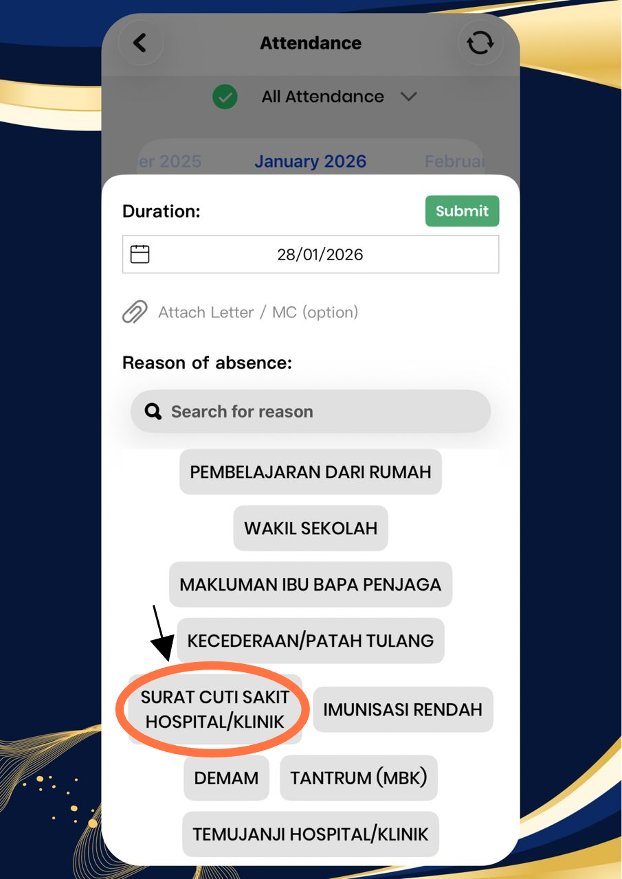5. Kemudian, pilih sebab ketidakhadiran pelajar yang bersesuaian seperti contoh dibawah.