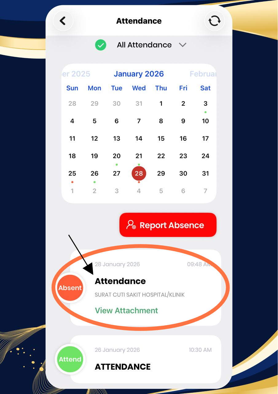 8. 'Report Absence' yang dihasilkan dipamerkan seperti di bawah.