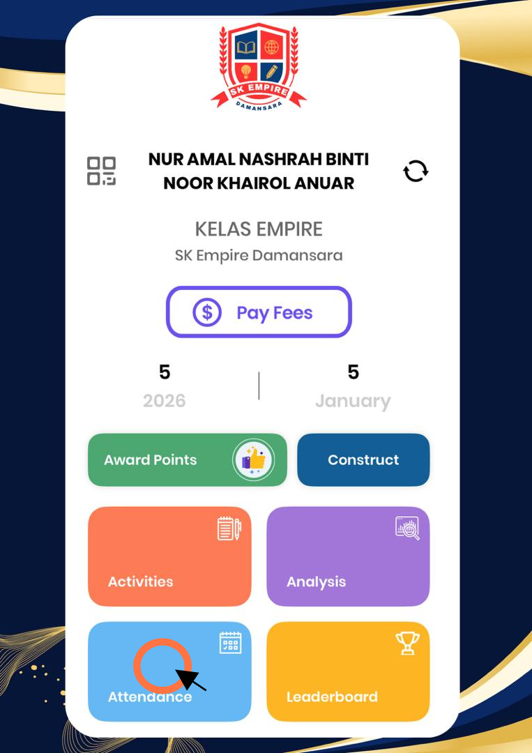 1. Klik 'Attendance' untuk membuat laporan tentang ketidakhadiran pelajar.
