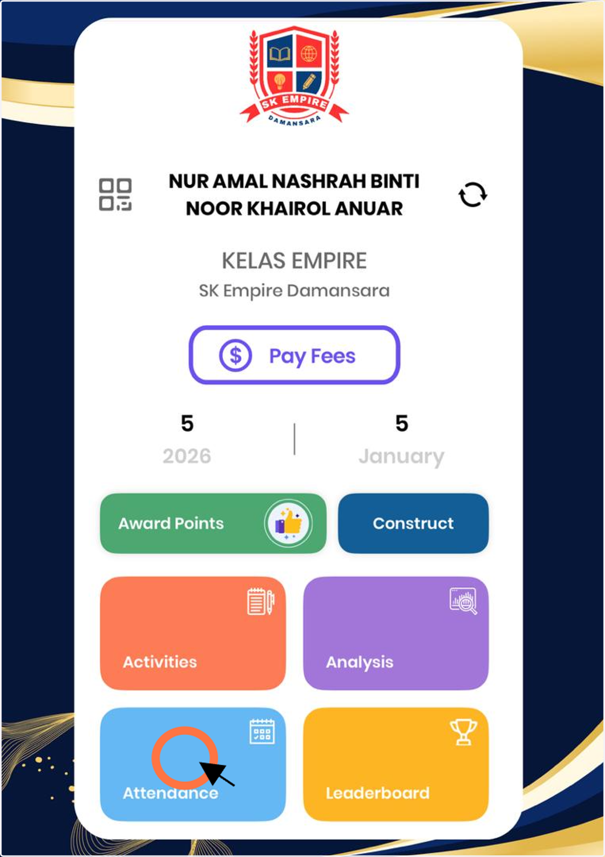 1. Klik 'Attendance' untuk membuat laporan tentang ketidakhadiran pelajar.