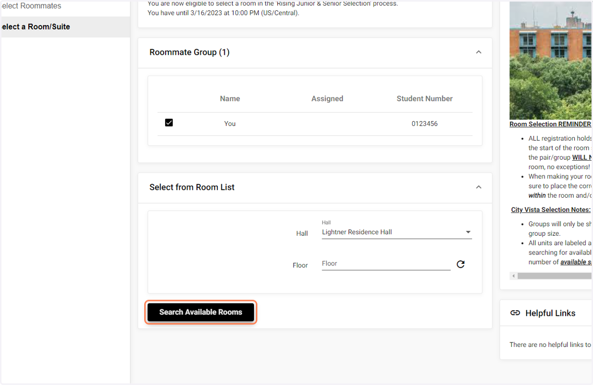 Click on Search Available Rooms