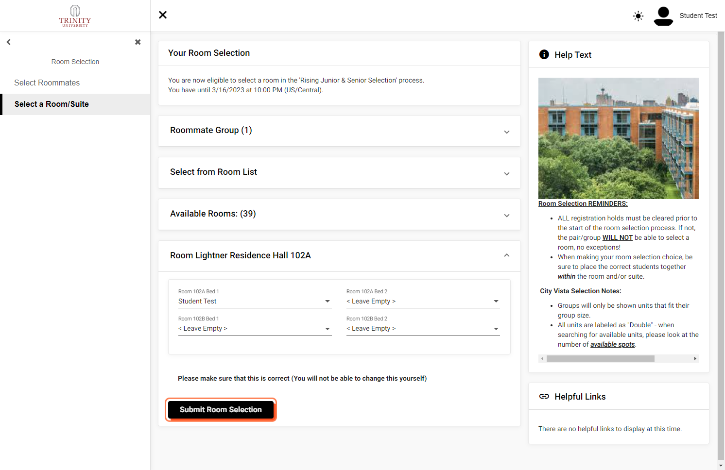 Click on Submit Room Selection