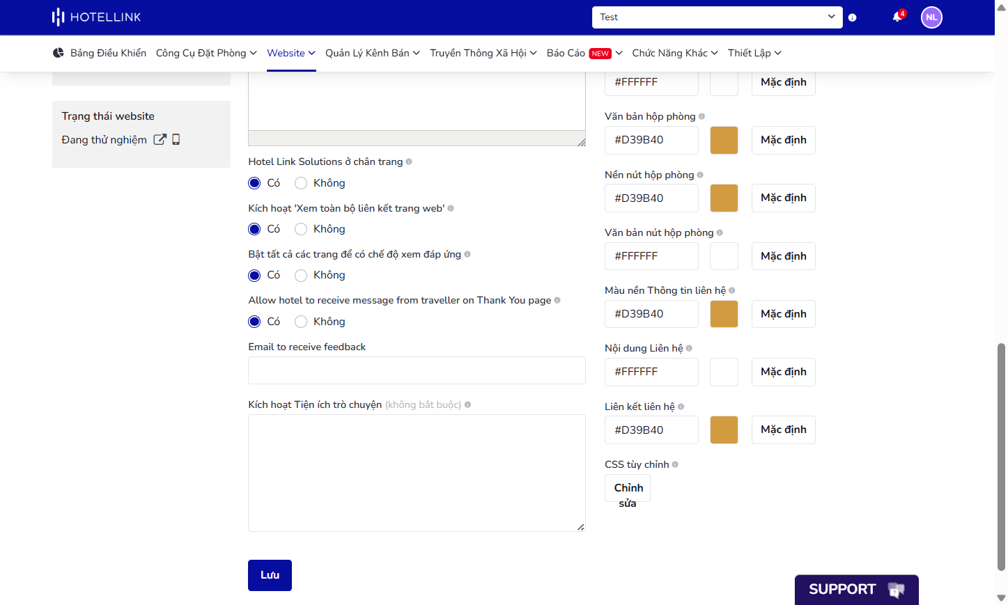 Hotel Link Solutions ở chân trang: Chọn có hiển thị liên kết đến trang web của Hotel Link ở cuối website hay không.