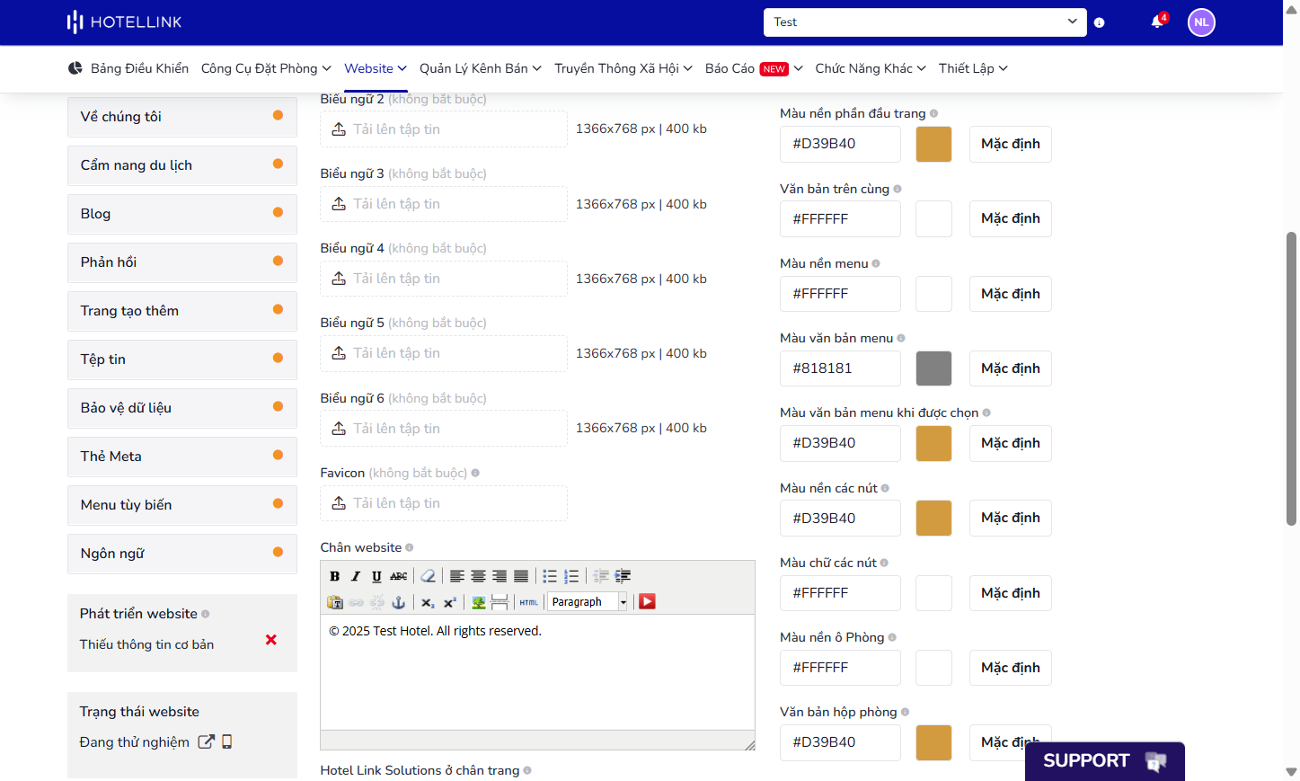 Màu nền menu: Màu nền cho menu chính của website.